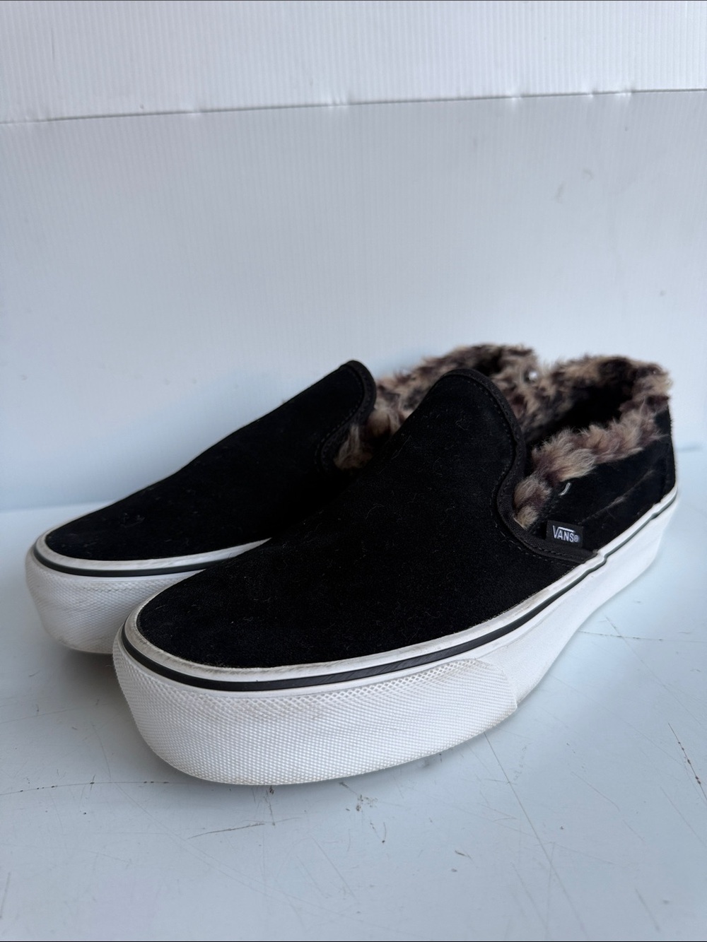 Vans Classic Slip-On Platform Shoes Black Suede Leopard-Print Fur Lining W 9.5